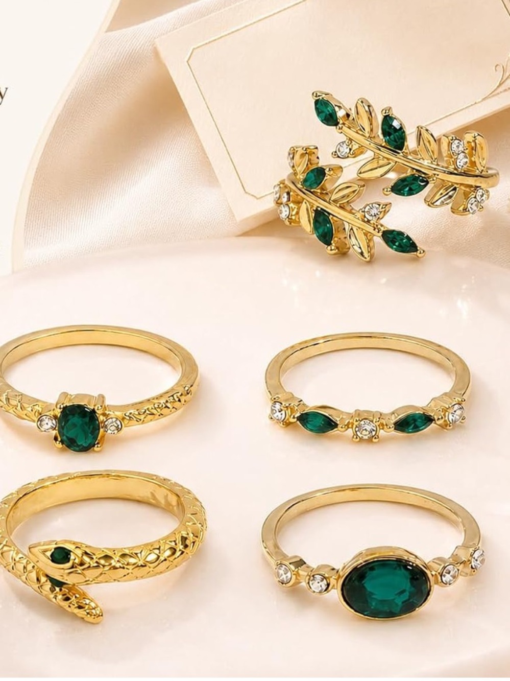 Anthropologie Gold Leaf & Emerald Green Stackable Ring Set - Picture 2 of 6